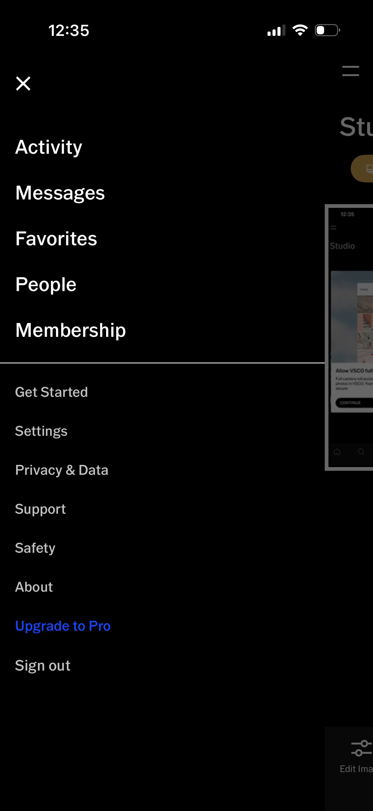 vsco navigation screenshot